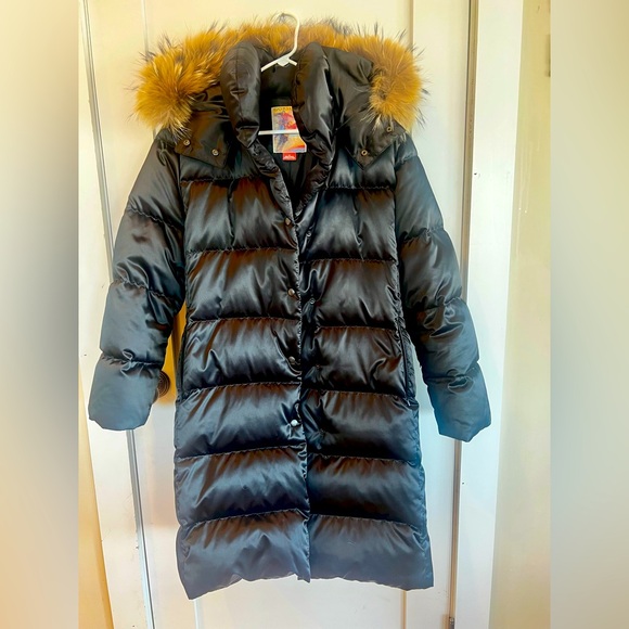 Gorsuch Black Sateen Down Coat with Removable Coyote Fur Trim -Size 12 - Picture 1 of 4